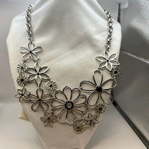 Silver tone and black beads Flower necklace